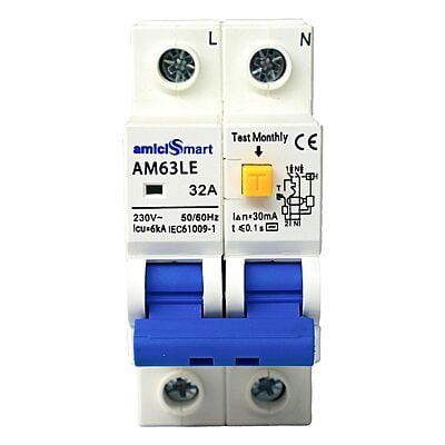 amiciSmart 32A RCBO, 220V Residual Current Circuit Breaker with Over Current, Shock Proof, with On/Off Switch for Leakage Protection