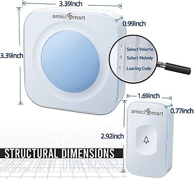Smart Doorbell Receiver with Transmitter and Battery