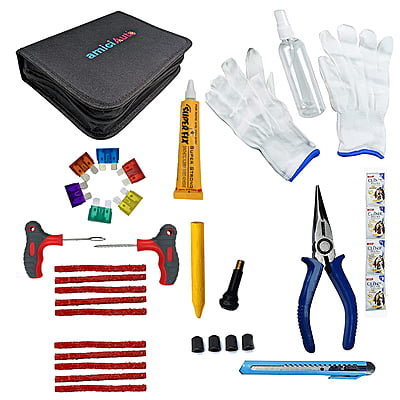amiciAuto Universal Tubeless Tyre Puncture Repair Complete Kit With Premium Storage Bag For Car, Bike, SUV, & Motorcycle