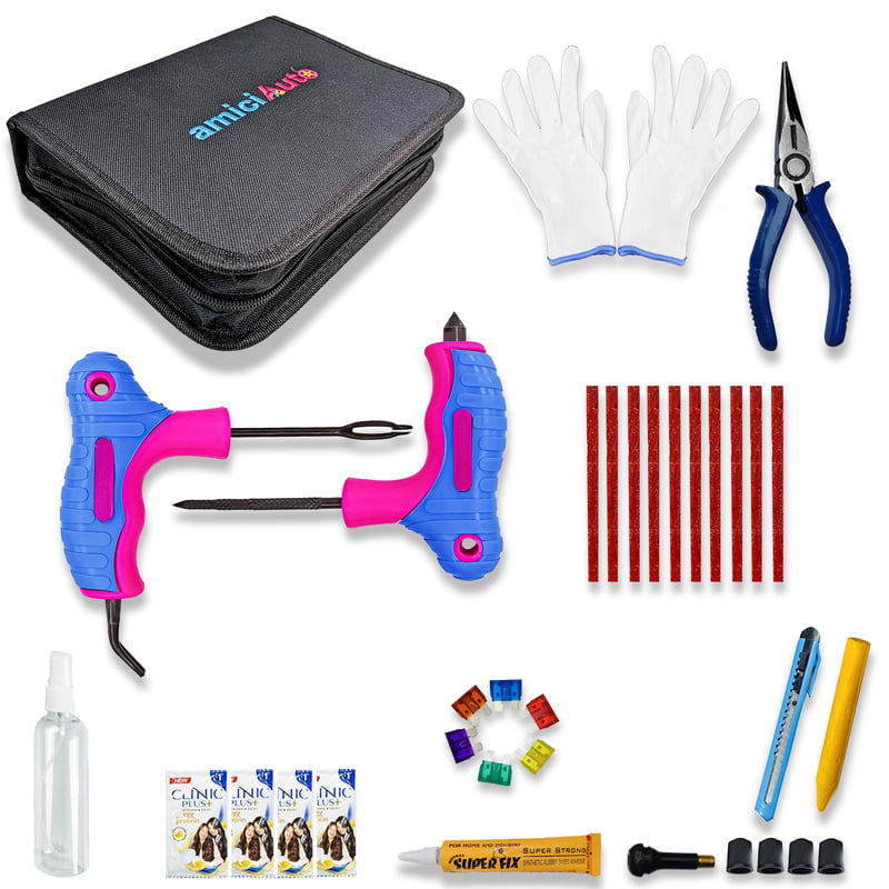 amiciAuto Universal Tubeless Tyre Puncture Repair Complete Kit With Premium Storage Bag For Car, Bike, SUV, & Motorcycle